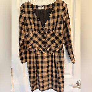 Valentino Vintage Black and Tan Checkered Long Sleeve Dress